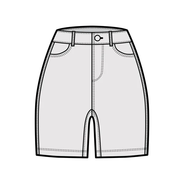 Jeans kurze Hose technische Modeillustration mit mittlerer Schenkellänge, normaler Taille, Hochhaus, gebogene 5 Taschen. — Stockvektor