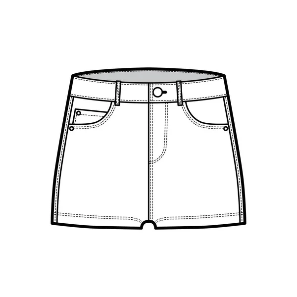 Pantalon court en denim chaud illustration de mode technique avec micro longueur, taille basse, taille basse, 5 poches. Fond plat — Image vectorielle
