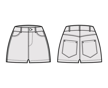 Denim seksi kısa pantolon teknik tasviri mikro uzunlukta, normal bel, yüksek bel, bozuk para, açılı 5 cep.