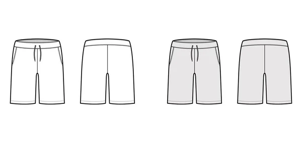 Kurze, adrette Hose technische Mode-Illustration mit Mittelschenkel Klassisch Bermuda Länge, niedrige Taille, Aufstieg, schräge Tasche. — Stockvektor