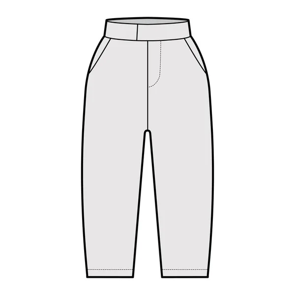 Pantalones capri cortos ilustración técnica de moda con longitud de rodilla, cintura normal, bolsillo recortado, cintura extendida — Archivo Imágenes Vectoriales