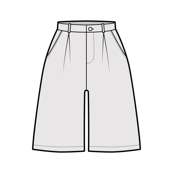 Pantaloni corti larghi Bermuda dress illustrazione tecnica di moda con lunghezza sopra il ginocchio, piega singola, vita normale — Vettoriale Stock