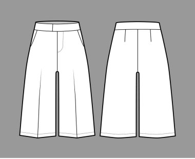 Kısa Bermuda pantolon, diz boyu, normal bel ölçüsü, yüksek katlı, kesik cebi olan teknik tasvirler.. 