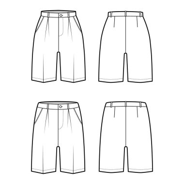 Şort Bermuda elbise takımı. Teknik moda tasviri. Diz üstü, tek pileli, düşük bel.