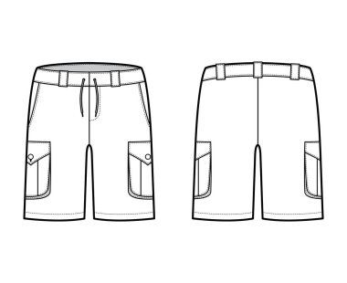Short cargo technical fashion illustration with mid-thigh length, low waist, rise, slashed, bellows pocket. Flat Bermuda clipart