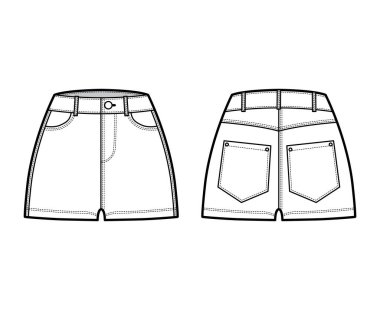 Denim seksi kısa pantolon teknik tasviri mikro uzunlukta, normal bel, yüksek bel, bozuk para, açılı 5 cep.