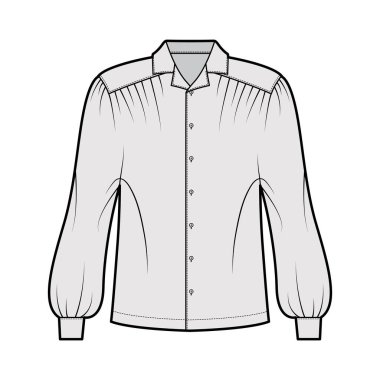 Gaucho bluzu teknik tasviri. Dolman Puff uzun kollu, açık yakalı, büyük beden, düğmeli. Düz