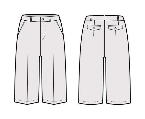 Pantalones cortos Bermudas ilustración técnica de moda con longitud de rodilla, cintura baja, subida, bolsillo cortado. Caminata plana — Vector de stock