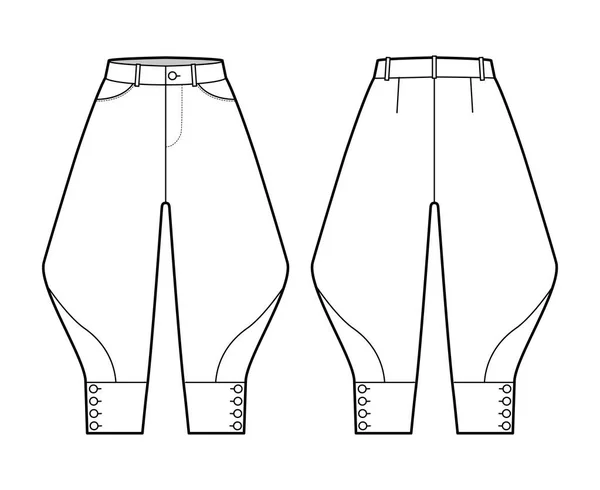 Pantalones cortos de equitación ilustración técnica de moda con longitud de rodilla, cintura normal baja, gran altura, bolsillo curvado — Vector de stock