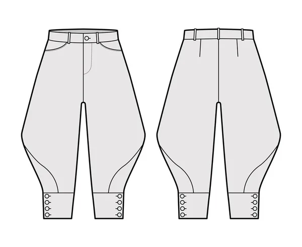 Reithose kurze Hose technische Mode Illustration mit Knielänge, niedriger Taille, Aufstieg, gebogene Tasche, geknöpft. — Stockvektor