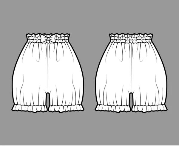 Krótkie bloomersy spodnie techniczne moda Ilustracja z łukiem, mini długość, normalna talia, wysoki wzrost, zebrane płaskie dno — Wektor stockowy