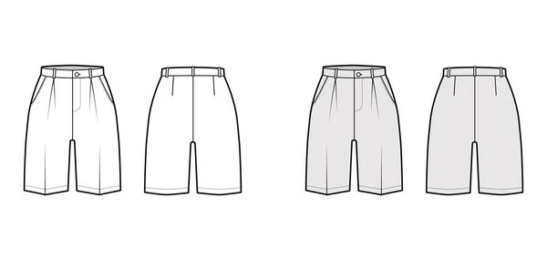 Bermudas cortas pantalones de vestir ilustración técnica de moda con longitud por encima de la rodilla, pliegue simple, cintura normal, gran altura — Archivo Imágenes Vectoriales