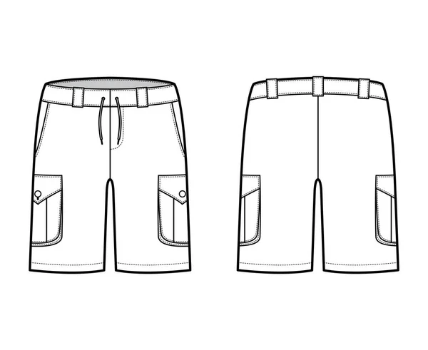 Kurze Cargo technische Mode Illustration mit mittlerer Schenkellänge, niedriger Taille, Aufstieg, Schnitt, Blasebalgtasche. Flache Bermudas — Stockvektor