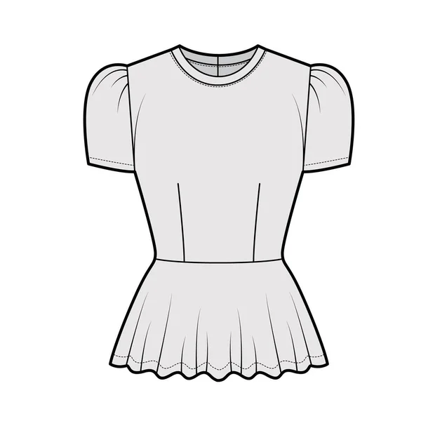 Peplum blusa técnica de moda ilustração com mangas de boné curto puff, pescoço colher, corpo equipado. Camisa de vestuário plana —  Vetores de Stock