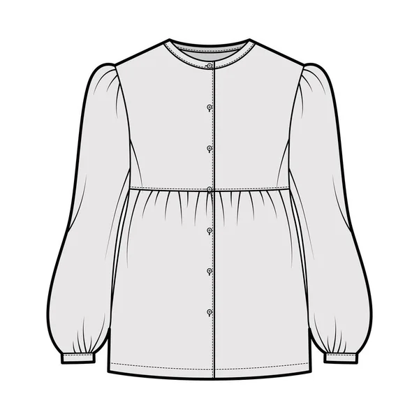 Tunic bluzka techniczna moda Ilustracja z bouffant długie rękawy, podstawka kołnierz, zebrane rąbka, przerośnięte, guzik do góry — Wektor stockowy