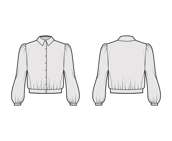 Blouson blus teknisk mode illustration med bouffant långa ärmar, klassisk skjorta hals, överdimensionerad, knappen upp. Platt — Stock vektor