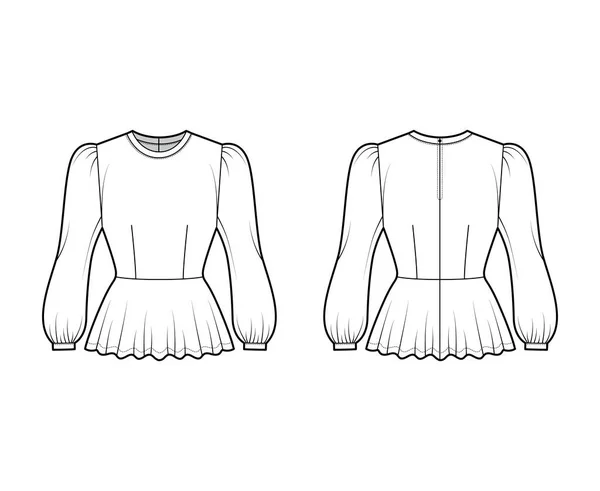 Blusa Peplum ilustración técnica de moda con mangas largas bouffant, cuello redondo, cuerpo ajustado. Camisa de ropa plana — Vector de stock