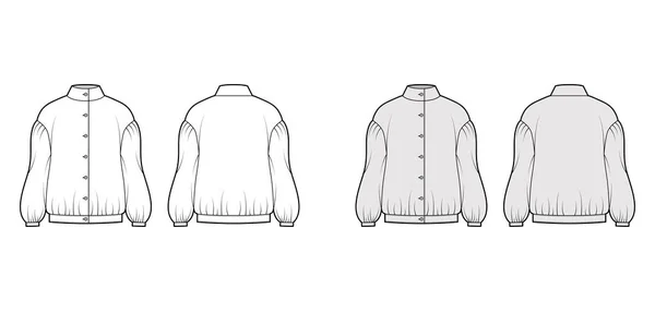 Balkan Bluse technische Mode Illustration mit Bouffant fallen langen Ärmeln, Stehkragen, Oversize, Knopf oben. — Stockvektor