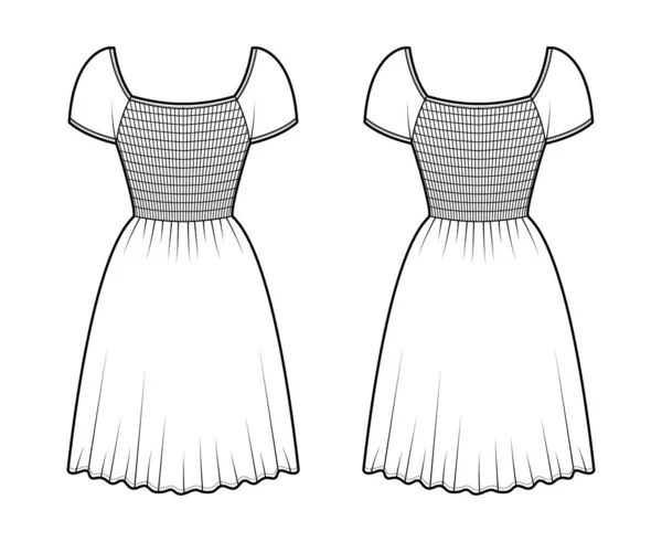 Smock shirred vestido técnico ilustração de moda com mangas de boné, corpo equipado, cintura elástica, comprimento do joelho. Plano —  Vetores de Stock