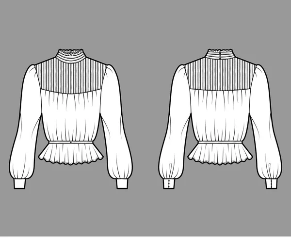 Gibson blouse technische mode illustratie met bladerdeeg lange mouwen, standaard kraag, peplum zoom, passend lichaam, geknepen. — Stockvector