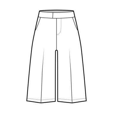 Kısa Bermuda pantolon, diz boyu, normal bel ölçüsü, yüksek katlı, kesik cebi olan teknik tasvirler.. 