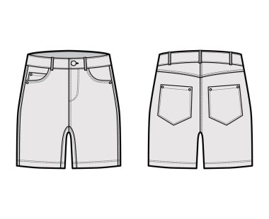 Denim short pants technical fashion illustration with mid-thigh length, low waist, rise, curved, coin, angled 5 pockets. clipart