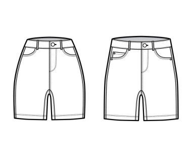 Denim şortlu, orta kalça uzunluğunda, normal bel altı, düşük bel, yüksek bel, 5 cep.