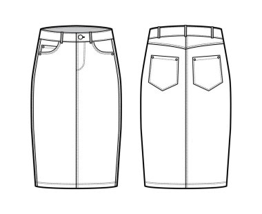 Denim kalem eteği, diz boyu, düşük bel yüksekliği, eğri büğrü, bozuk para, açılı cepleri olan teknik tasvirler. Düz 