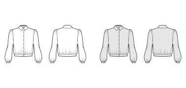 Blouson Bluzunun uzun kollu, klasik gömlek yakalı, büyük beden, düğmeli, teknik tasviri. Düz