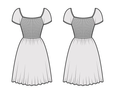 Smokin kiralanmış, teknik moda tasviri, kollu, vücuduna uygun, bel elastikli, diz boyu. Düz 