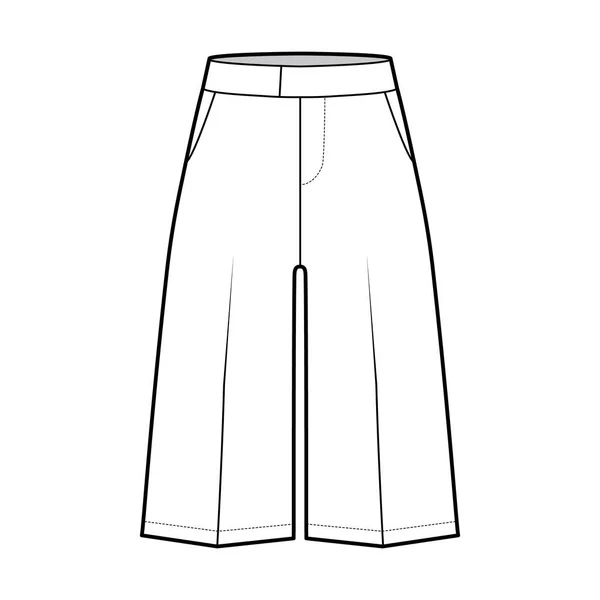 Kurze Bermudakleid Hose technische Mode Illustration mit knielanger, normaler Taille, Hochhaus, aufgeschlitzte Tasche. — Stockvektor