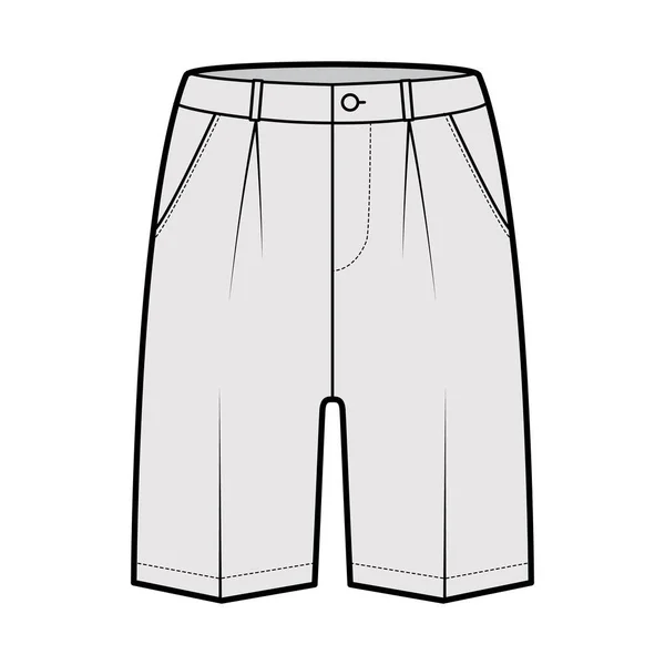 Bermuda curto vestido calças técnica moda ilustração acima do joelho comprimento, plissado único, cintura normal baixa, ascensão — Vetor de Stock