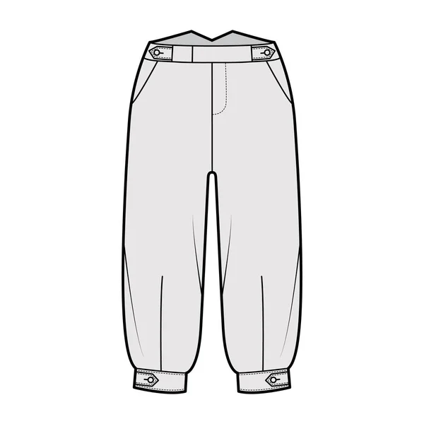 Pantalone corto plus four illustrazione tecnica di moda con linguetta, lunghezza del ginocchio, vita normale, aumento, tasca tagliata. Piatto — Vettoriale Stock