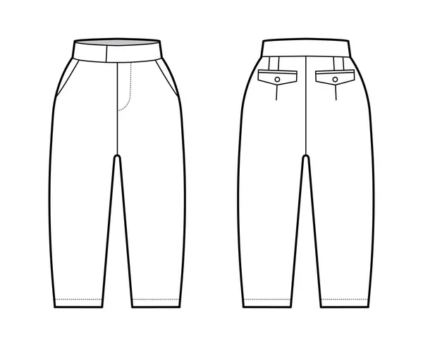 Pantalones capri cortos ilustración técnica de moda con longitud de rodilla, cintura normal, bolsillo recortado, cintura extendida — Archivo Imágenes Vectoriales