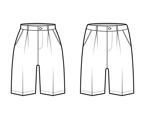 Set Shorts Bermuda klänning byxor teknisk mode illustration med över knäet längd, enda veck, låg midja — Stock vektor