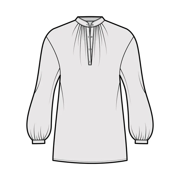 Sobre la ilustración técnica de la moda de la blusa con mangas largas bouffant, soporte cuello recogido halter, de gran tamaño. Plano — Vector de stock