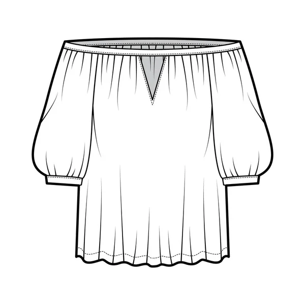 Schulterfreie Bluse Bardot technische Mode Illustration mit Bouffant-Ellenbogenärmeln, überdimensioniert. Flache Kleidung — Stockvektor