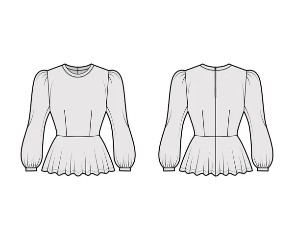 Peplum Bluse technische Mode Illustration mit Bouffant langen Ärmeln, Schaufelhals, taillierten Körper. Flaches Hemd — Stockvektor