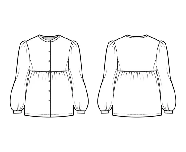 Тунічна блузка технічна модна ілюстрація з бульбашковими довгими рукавами, коміром-стійкою, зібраною піною, негабаритною, кнопкою вгору — стоковий вектор