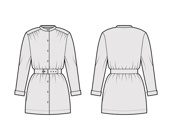 Blusa cinto ilustração de moda técnica com mangas compridas, gola de pé, oversized, botão para cima, bainha ampliada. Plano — Vetor de Stock