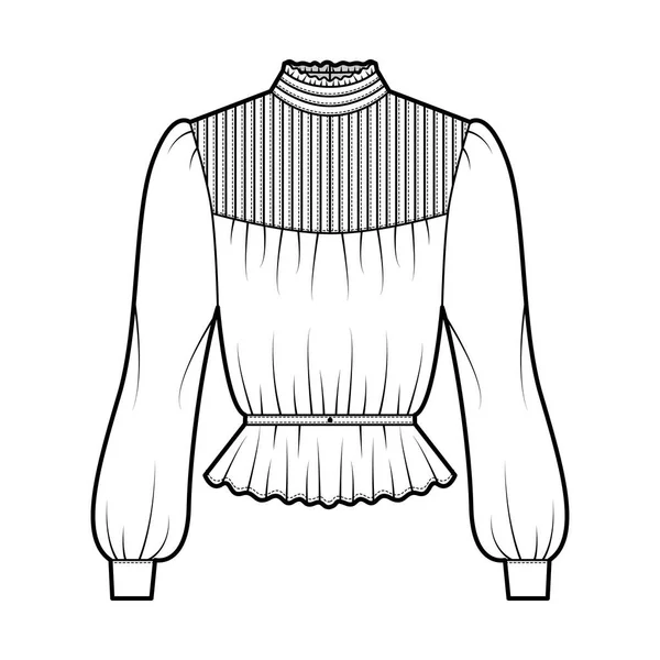 Gibson blusa técnica moda ilustração com mangas compridas puff, gola de pé, bainha de peplum, corpo equipado, pintucked. — Vetor de Stock