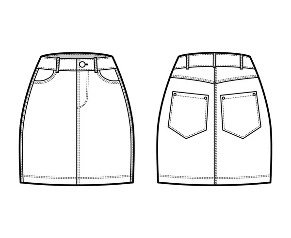 Ilustração de moda técnica de saia de ganga com mini comprimento, cintura normal, elevação alta, bolsos curvos e angulares. Plano — Vetor de Stock