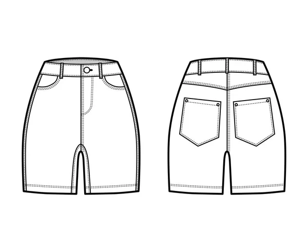 Denim korta byxor teknisk mode illustration med mitten av låret längd, normal midja, hög uppgång, böjda 5 fickor. — Stock vektor