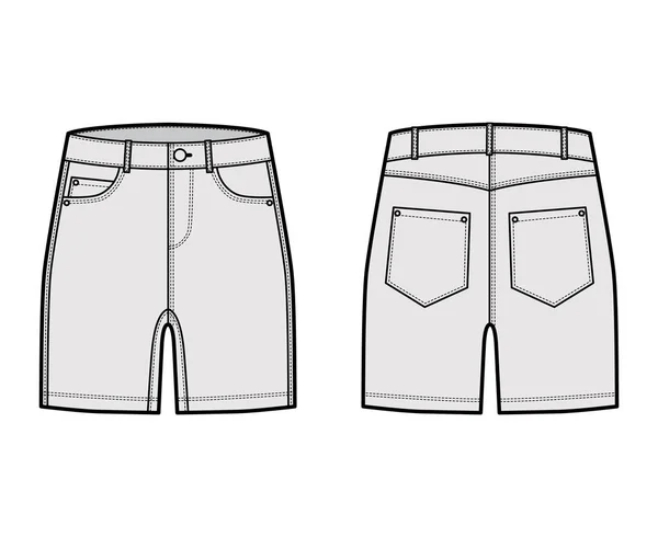 Jeans kurze Hose technische Mode Illustration mit mittlerer Schenkellänge, niedriger Taille, Aufstieg, gebogene, Münze, abgewinkelte 5 Taschen. — Stockvektor