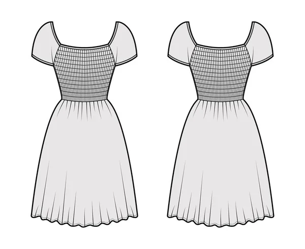 Smock shirred jurk technische mode illustratie met dop mouwen, gemonteerd lichaam, taille elastische, knie lengte. Vlak — Stockvector