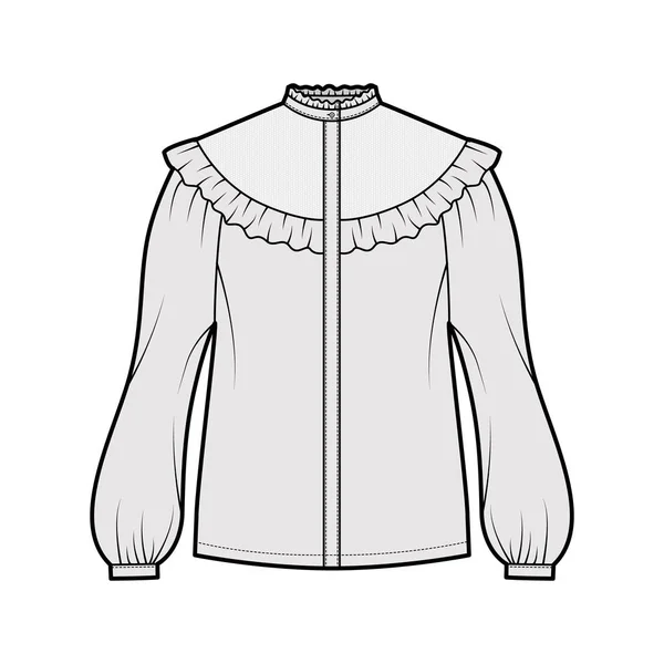 Camicetta della prateria illustrazione tecnica di moda con maniche lunghe bouffant, colletto stand, giogo volant, polsino nascondere bottone — Vettoriale Stock