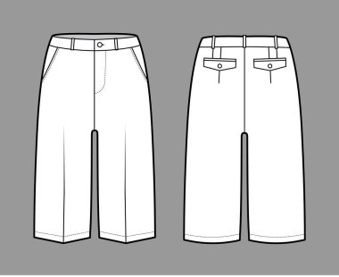 Kısa Bermuda pantolon, diz boyu, düşük bel, yükselme, kesik cep. Düz yürüyüş