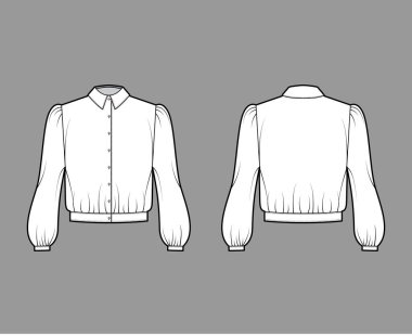 Blouson Bluzunun uzun kollu, klasik gömlek yakalı, büyük beden, düğmeli, teknik tasviri. Düz