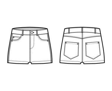 Denim seksi kısa pantolon, mikro uzunluklu, düşük bel, düşük katlı, 5 cepli teknik moda illüstrasyonu. Düz taban