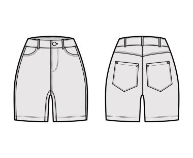 Denim kısa pantolon, orta kalça uzunluğunda, normal bel ölçüsü, yüksek katlı, kıvrımlı 5 cebi var..